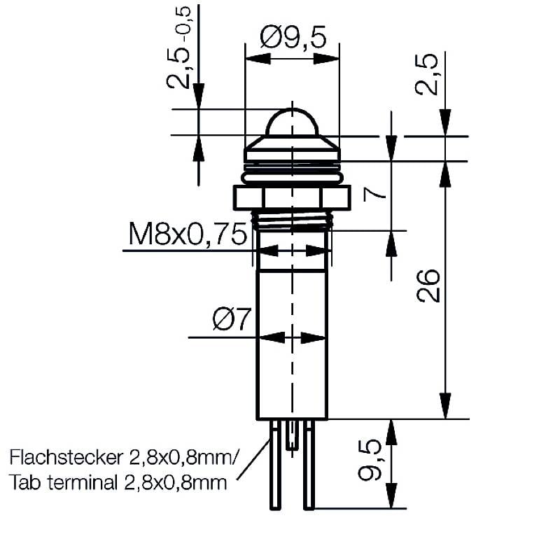 Figure of a technical diagram of a flat plug with dimensions: Total length 26 mm, diameter 9.5 mm, thread M8x0.75.