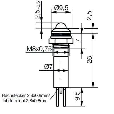 Figure of a technical diagram of a flat plug with dimensions: Total length 26 mm, diameter 9.5 mm, thread M8x0.75.