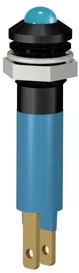 A blue, cylindrical push button with a round button on top and two gold-coloured connectors underneath.