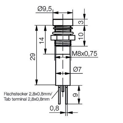 Technical drawing of an electrical connector with dimensional specifications in British English. Includes details on diameter, thread size, and lengths.