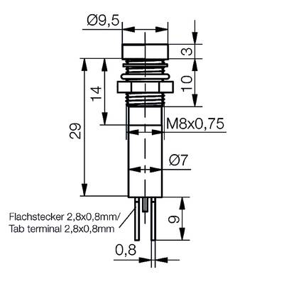 Technical drawing of a switch with dimensions: Diameter 9.5 mm at the top, total length 29 mm, thread M8x0.75.