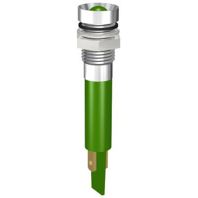 Green LED pilot light switch in a metal enclosure, used to indicate operational states in industrial applications.