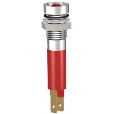 'Figure shows a red LED indicator light with a metal housing and two metal terminals at the end.'