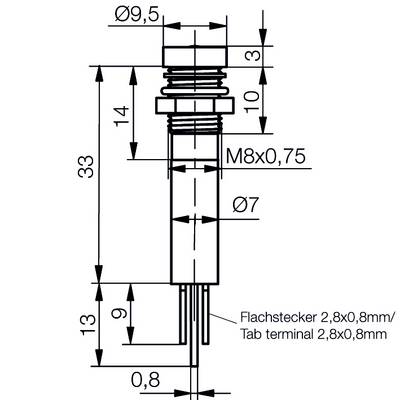 Technical drawing of a plug with dimensional specifications: Total length 33 mm, diameter 9.5 mm, thread M8x0.75, connection flat connector 2.8x0.8 mm.