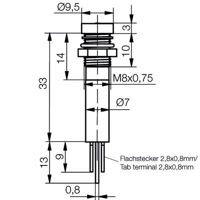 Technical drawing of a plug with dimensions: total length 33 mm, thread diameter M8x0.75. Other dimensions given in millimetres.