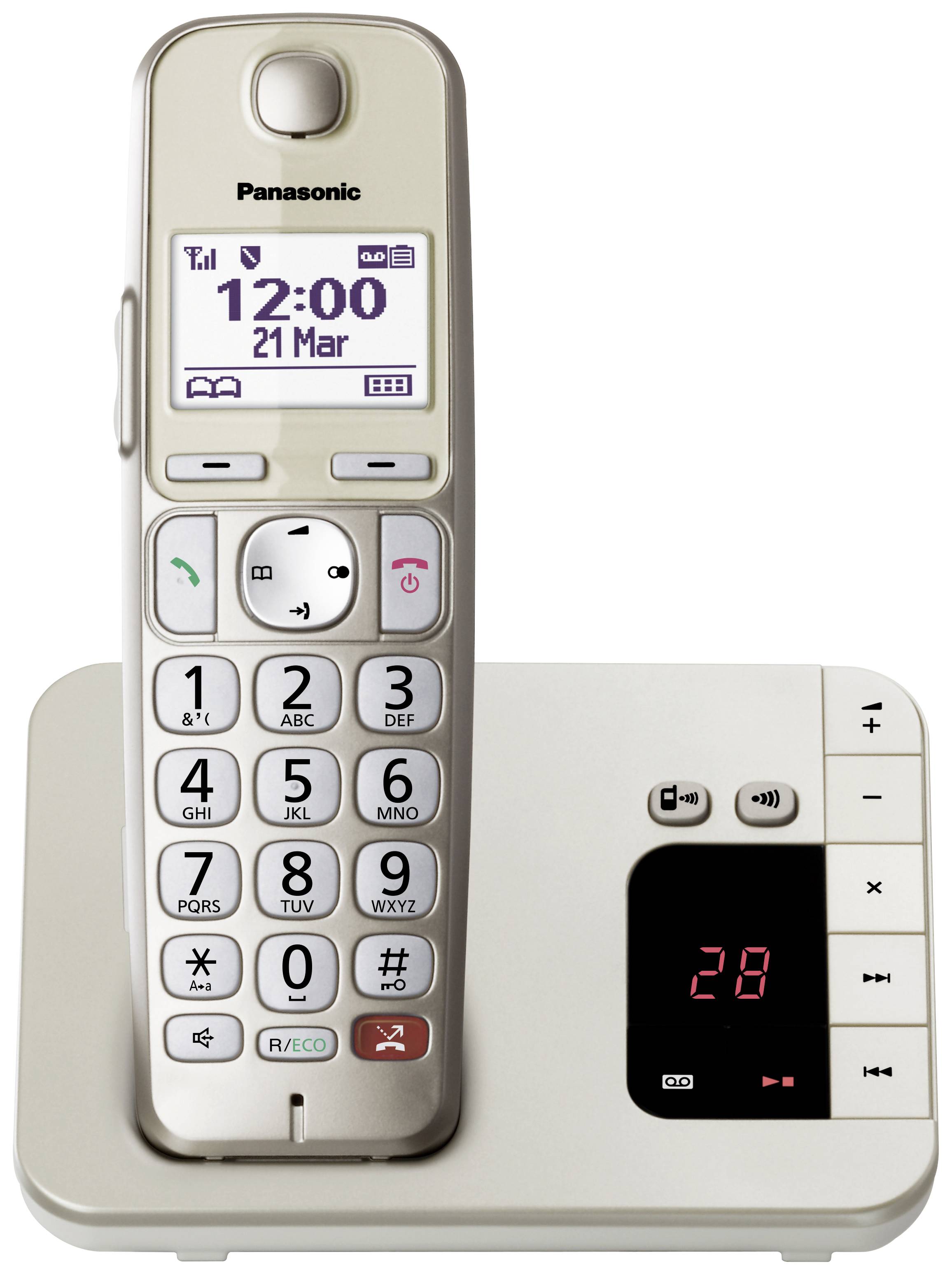Cordless telephone on base station. Display shows '12:00, 21 Mar'. Large buttons, message counter with '28' messages.