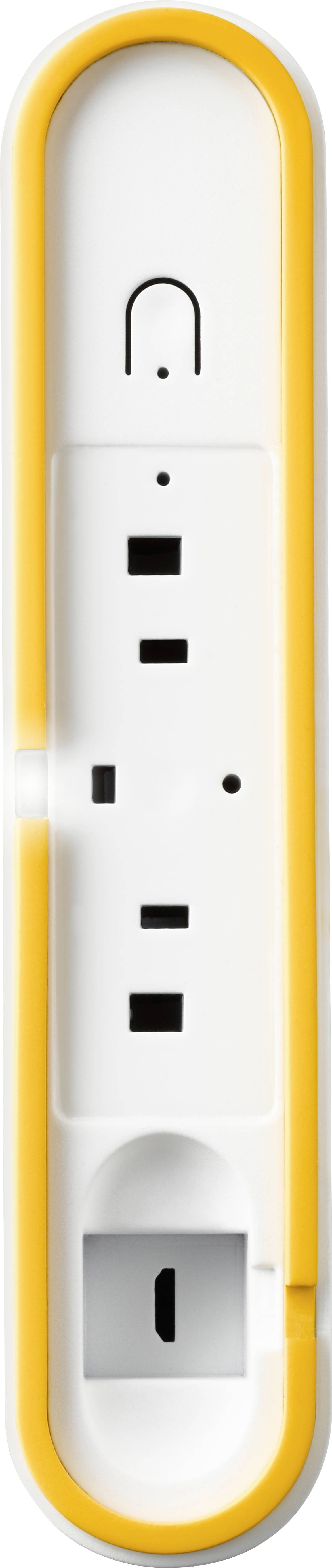 A white home security alarm with a yellow frame, rectangular in shape, featuring a viewing window to display the security status.