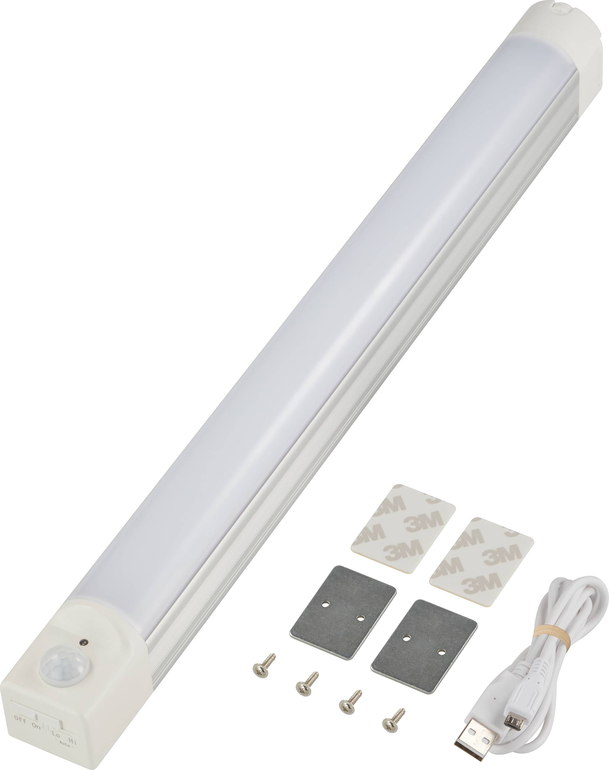 LED light with motion sensor, USB cable, mounting hardware and 3M adhesive strips for easy installation. Ideal for indoor use.