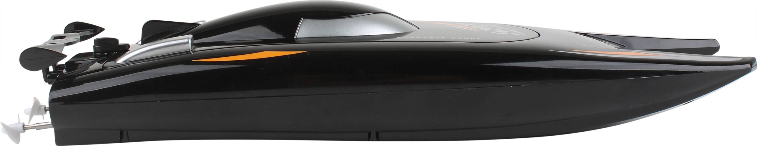 A black remote-controlled speedboat with a streamlined design and yellow accent, photographed from the side.