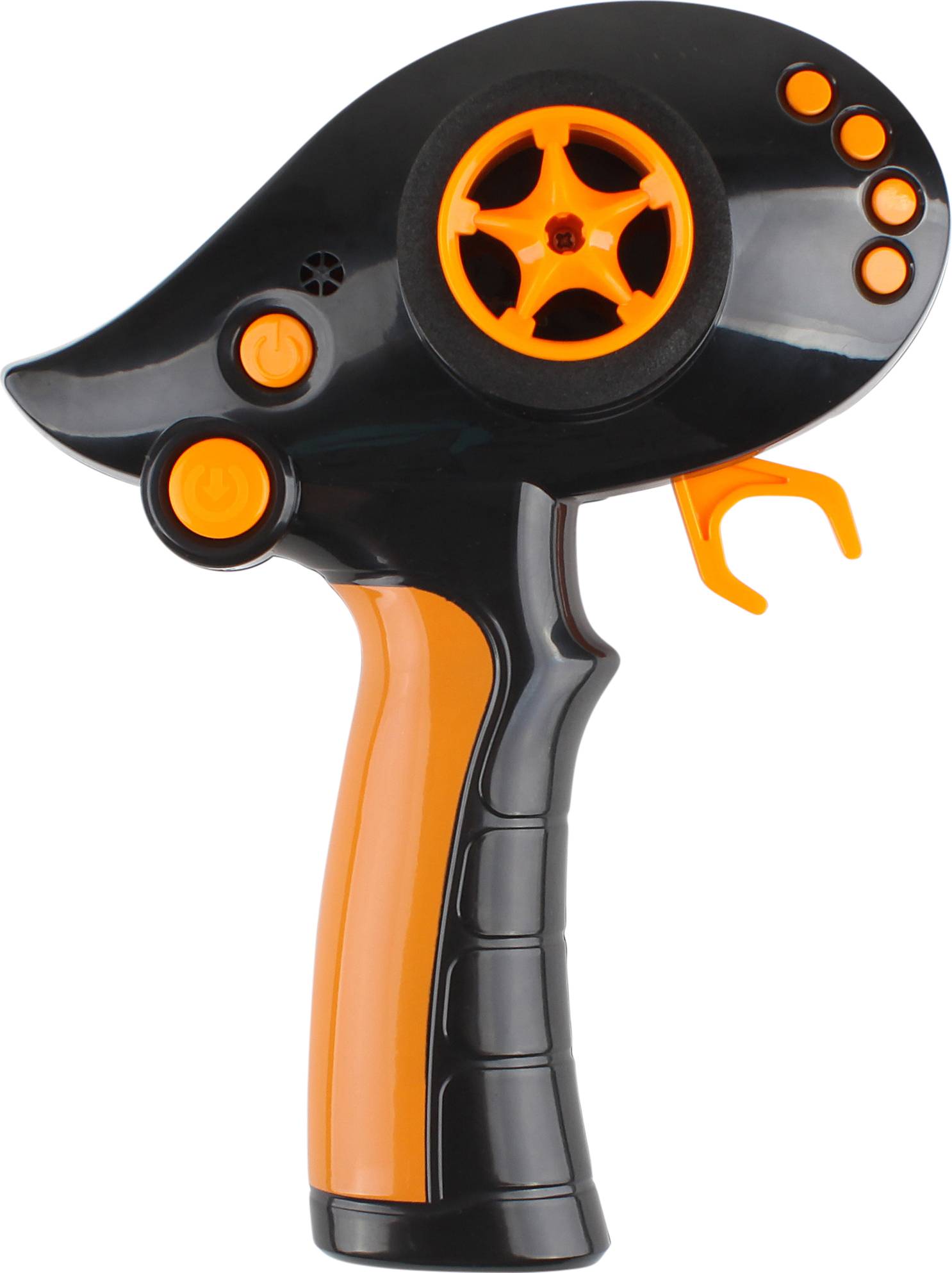 'Black and orange controller with multiple buttons and levers, ergonomically shaped, suitable for toy control.'