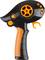 'Black and orange controller with multiple buttons and levers, ergonomically shaped, suitable for toy control.'