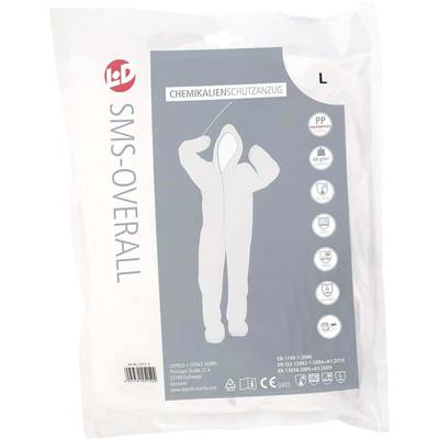 Packaging for an SMS Coverall, Size L, for Chemical Protection. Displays pictograms for protective functions and material information.