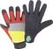 Two gardening gloves in red, yellow, grey, and black. The left shows the palm, the right shows the back of the hand.