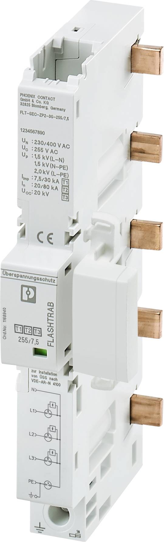 Electric power switch with copper terminals, white housing, technical details and symbols printed.