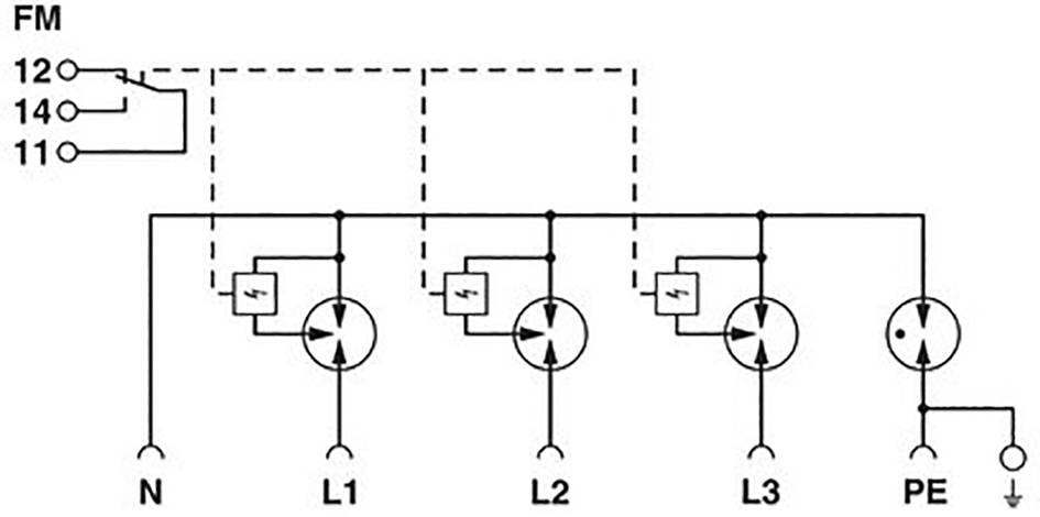 Wiring diagram of a three-phase electrical circuit with neutral conductor (N) and protective earth conductor (PE), showing connections L1, L2, L3 and protective elements.