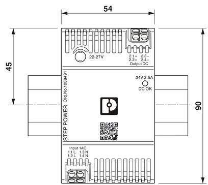 'Circuit diagram of a STEP POWER power supply unit. Dimensions: Width 54 mm, Height 90 mm, Depth 45 mm. Input: 22-27V. Output: 24V 2.5A.'