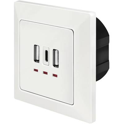 White socket with two universal plug sockets and a USB port in the centre. It is suitable for wall mounting.