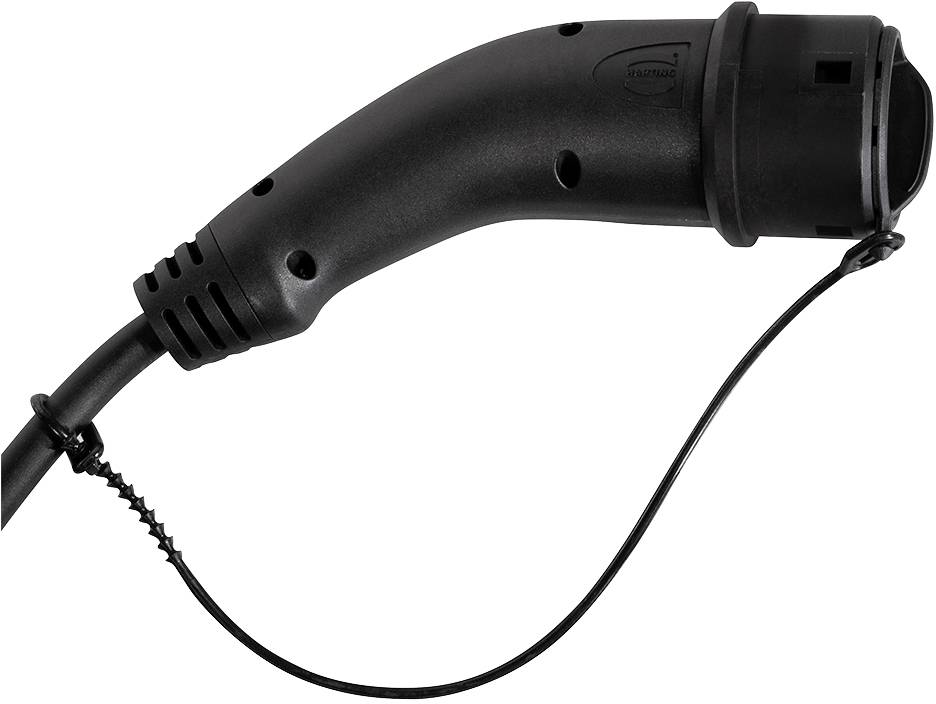 Black charging plug for electric vehicles with a minimalist design. The plug is not inserted and hangs freely from a cable.