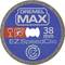 'Dremel MAX EZ SpeedClic', 38 mm cutting disc illustrated. Suitable for glass and tiles, with EZ logo.