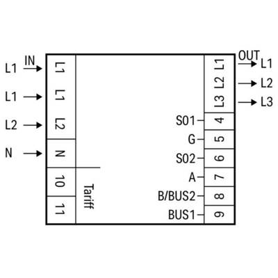 'Schematic of an electrical circuit diagram with inputs L1, L2, N, output for L1, L2, L3, tariff control and additional terminal labelling.'
