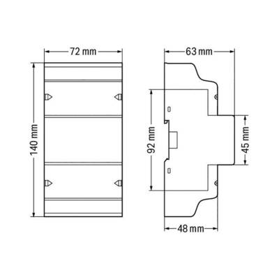 Two technical drawings of a rectangular object with dimensions: 72x140 mm and 63x92 mm. Shows front and side views.