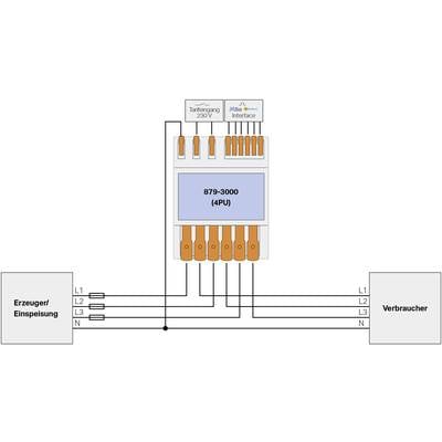 'Circuit diagram of an electrical system with a protective device in the centre, connecting generator/supply on the left with consumer on the right.'