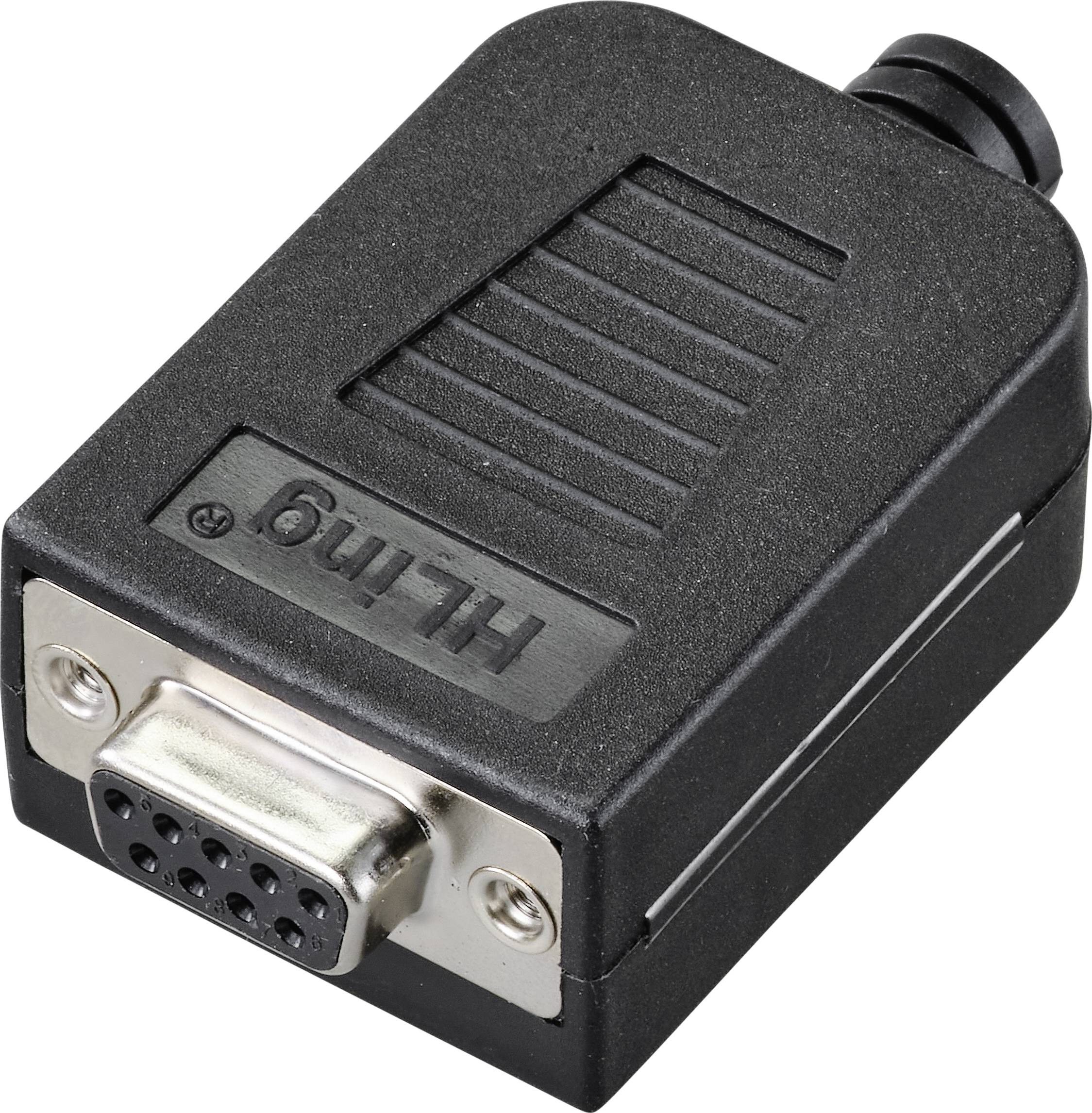 Black VGA plug with nine metal pins, used for connecting monitors to computers or other devices.