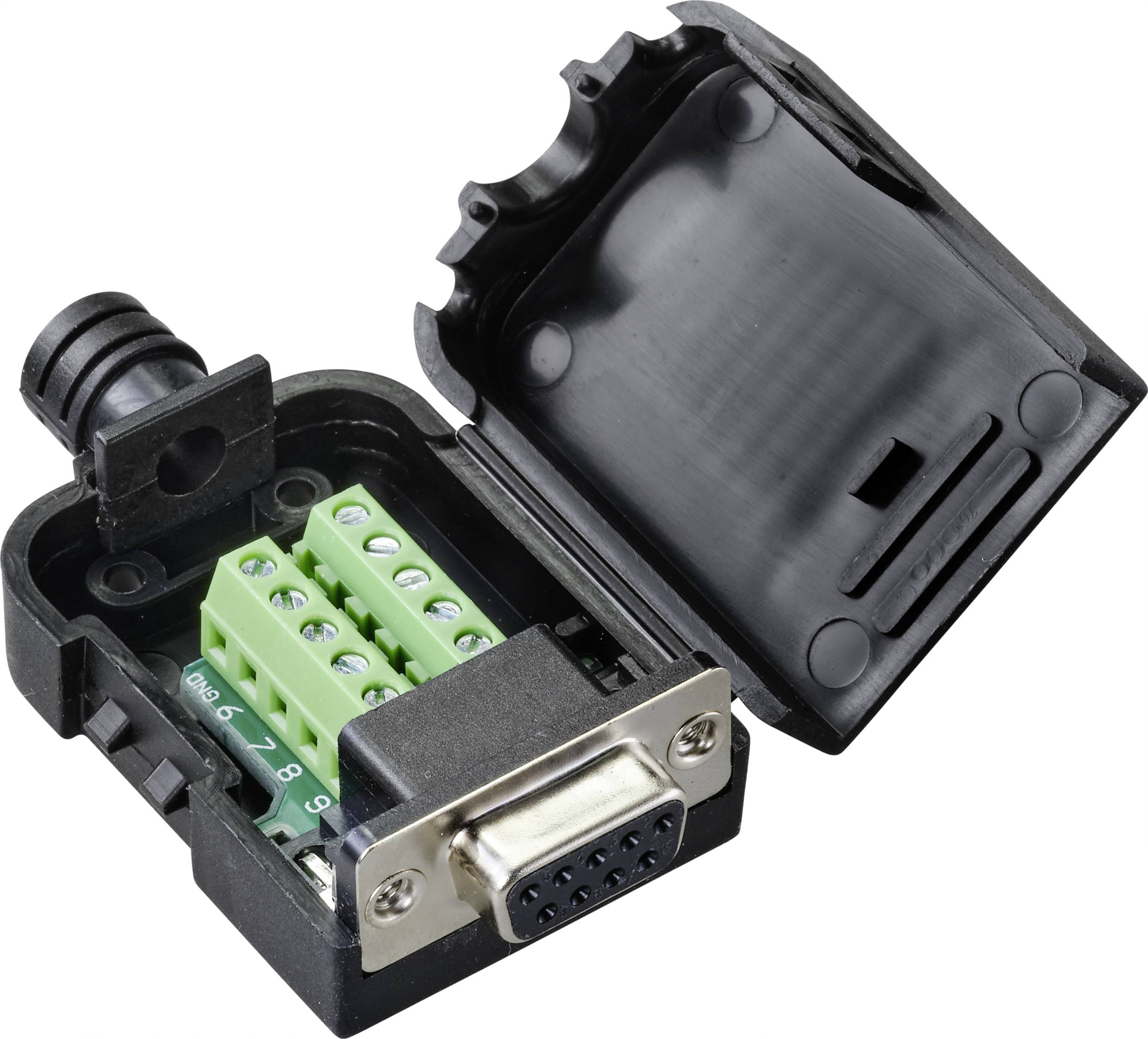 An open D-SUB plug housing shows green connection terminals and metal pins, suitable for electrical connections and wiring.
