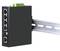 A black Ethernet network switch with five ports is mounted on a metal DIN rail.