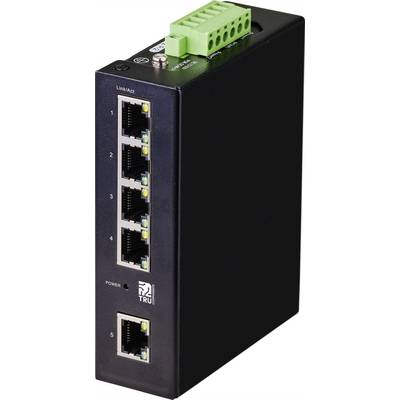 A black network switch with five Ethernet ports, each featuring LED indicators. A green power connector on the top. Suitable for industrial applications.