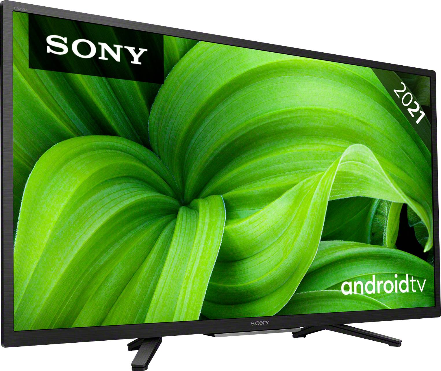 A Sony television with a green leaf pattern on the screen. The Sony logo is positioned in the top left corner, with '2021' on the right. 'androidtv' is located in the bottom right corner.