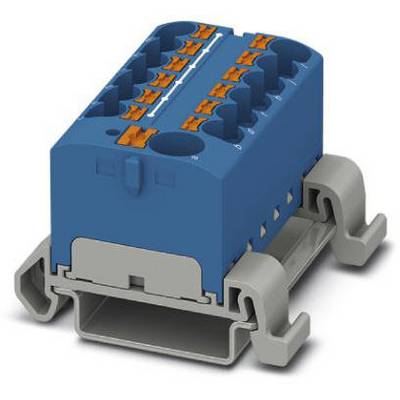 Electrical connector in blue and grey with multiple terminal blocks and side mounting elements.