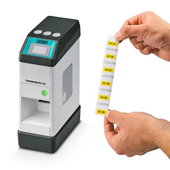 A person holds labels printed by a label printer; the printer is shown next to the hand.