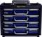 A toolbox with four blue drawers, each with a grey handle, in a black frame with 'Raaco HandyBox' labelling.