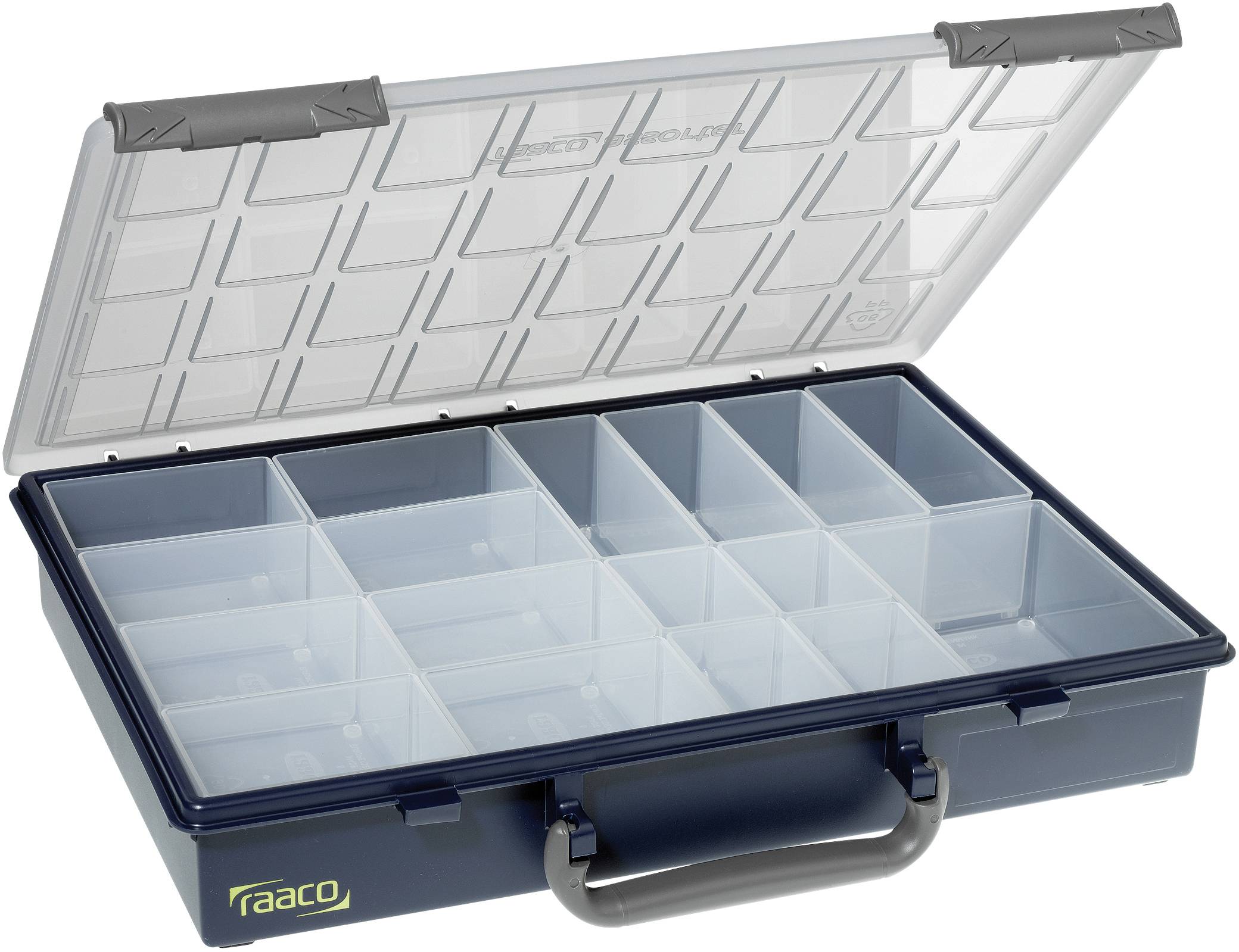 Opened plastic box with a transparent lid and flexible compartment layout for organising small items. Plastic handle at the front.