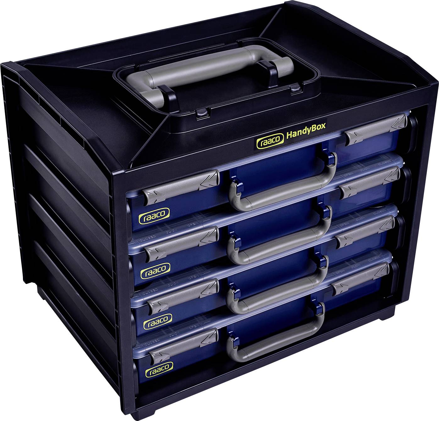 A black toolbox with four blue drawers and a grey handle, suitable for storing tools and accessories.