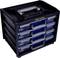 A black toolbox with four blue drawers and a grey handle, suitable for storing tools and accessories.