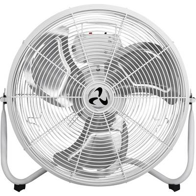 A white fan with a protective grille and three blades is standing on a table.