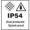 'IP54': Protection against dust and splash water. Symbol of a water droplet and a grid.
