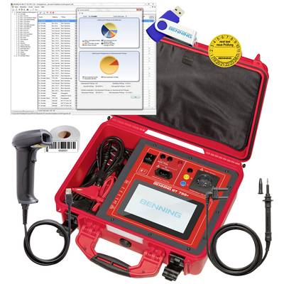 'Benning Test Equipment Set' with a red device housing, screen, cables, USB stick and barcode scanner. Screen displays test reports.