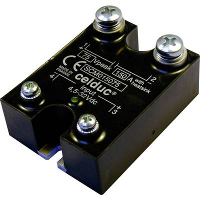 A black, rectangular electronic component with four mounting screws and labels, including 'celduc' and technical specifications.