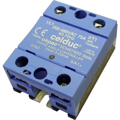 Blue phase-angle control regulator by Celduc, marked with '200-480VAC 75A 40-70Hz' and 'Made in France'.