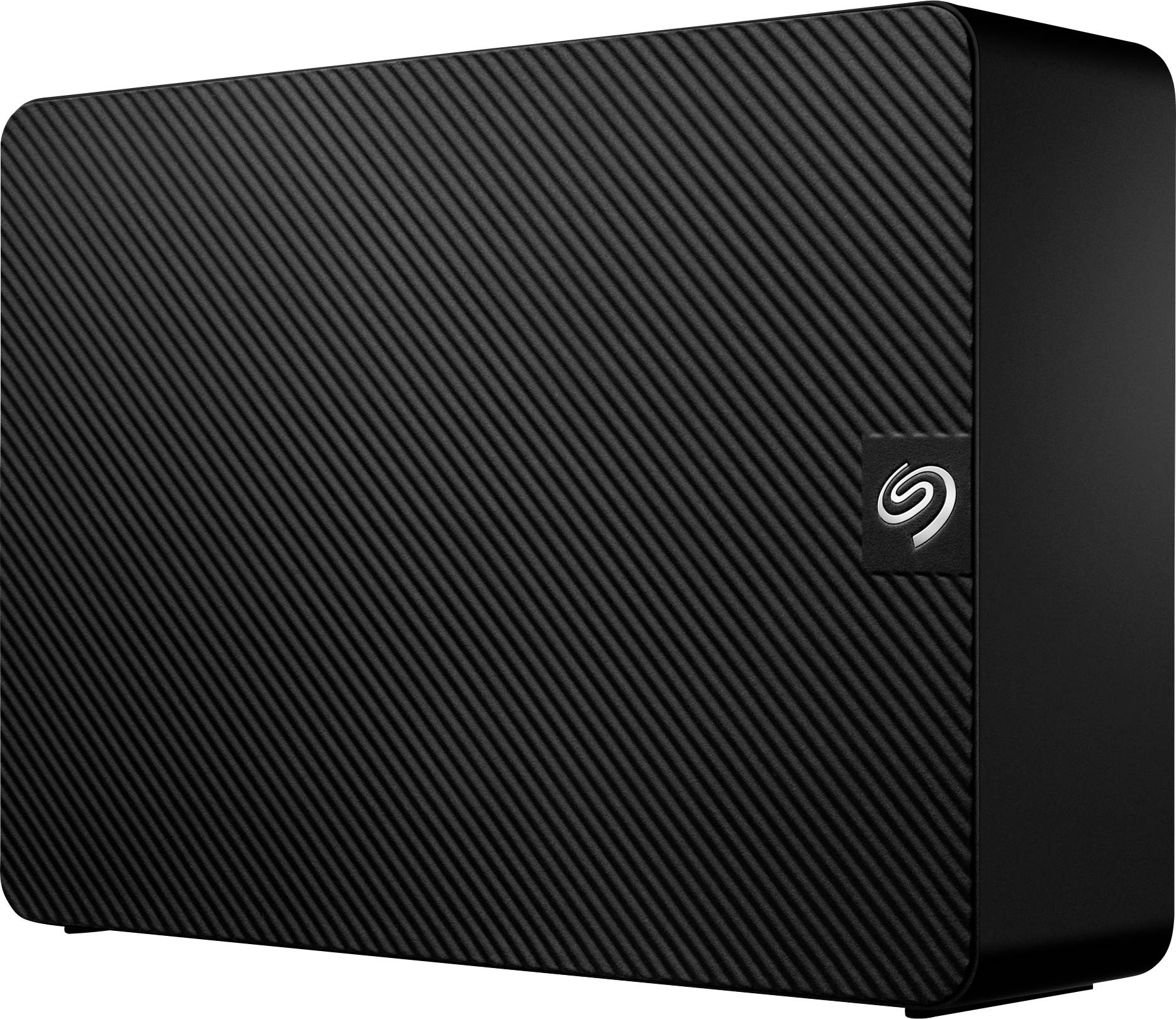 A black external hard drive with a ribbed surface and a brand logo on the side.