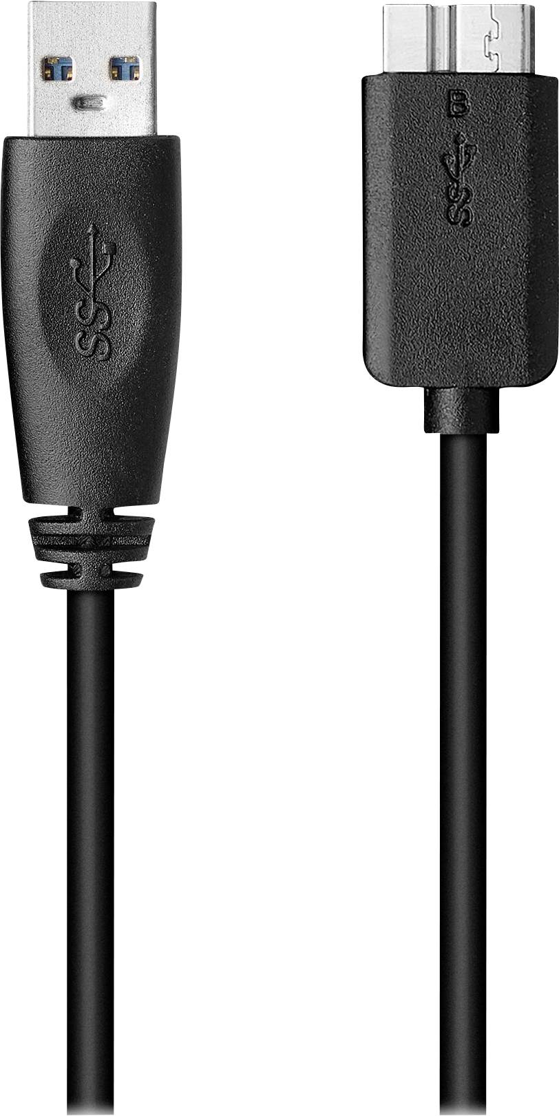 A black USB 3.0 cable with a standard A plug on the left and a Micro-B plug on the right, used for data transfer and charging.
