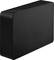 Black external hard drive with striped surface, rectangular and compactly designed, standing vertically.
