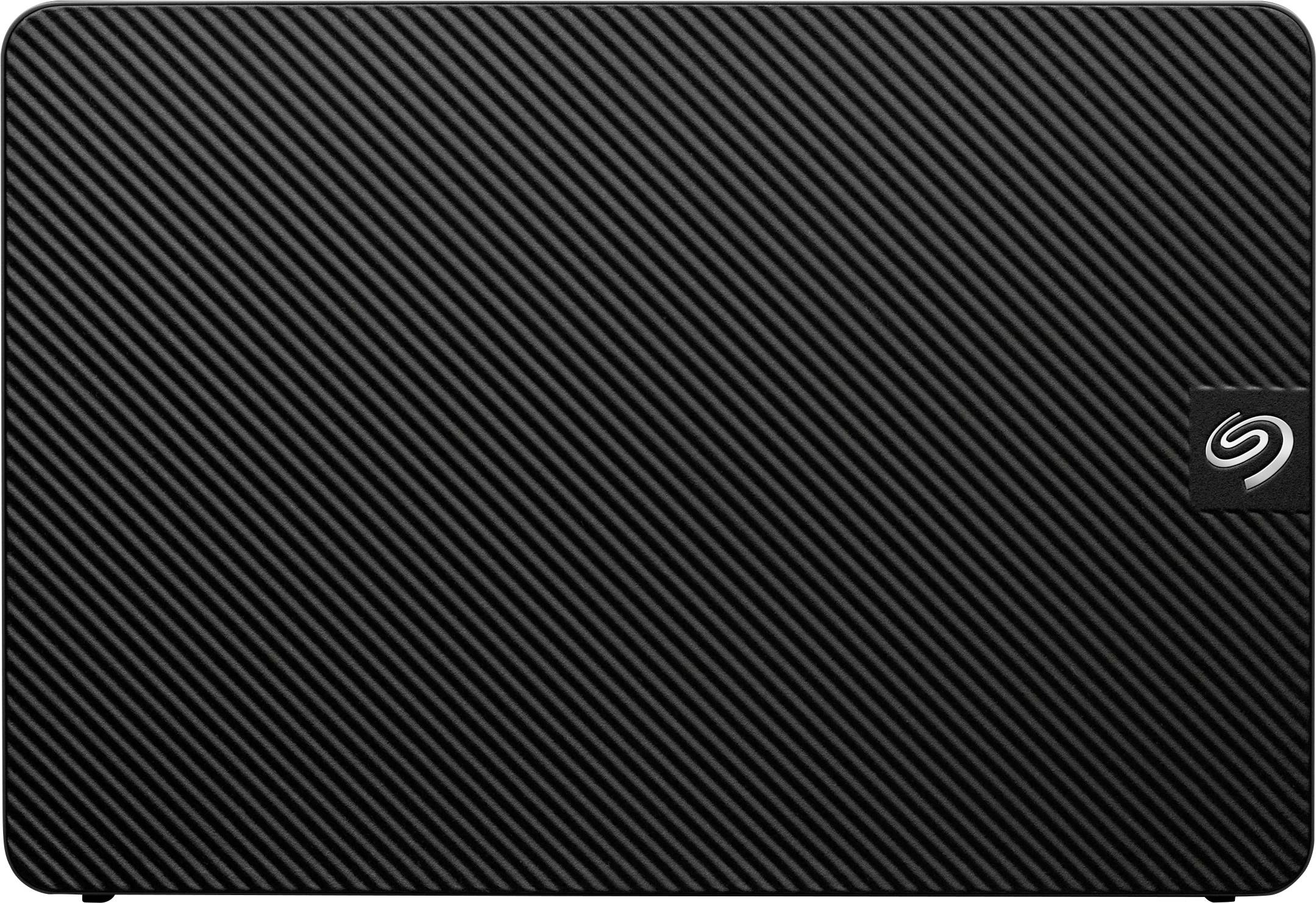 External hard drive with a black, ribbed surface and a small brand logo in the corner.