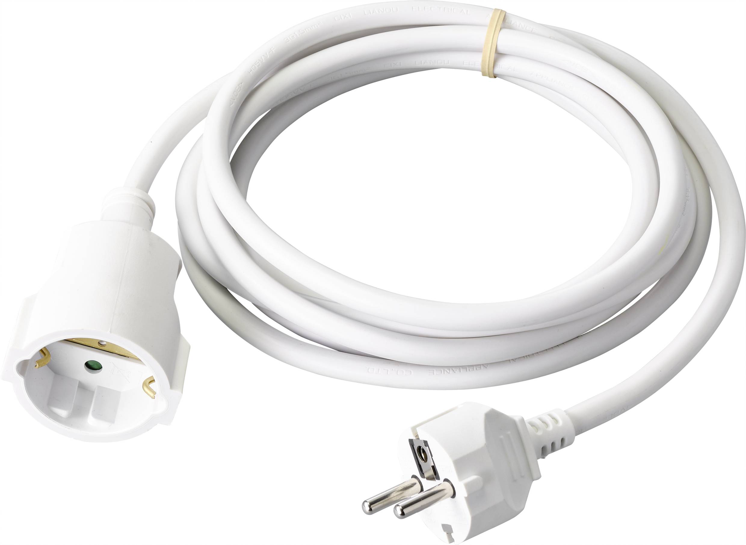 A white extension lead with a Schuko plug and socket, coiled and held together by an elastic band.