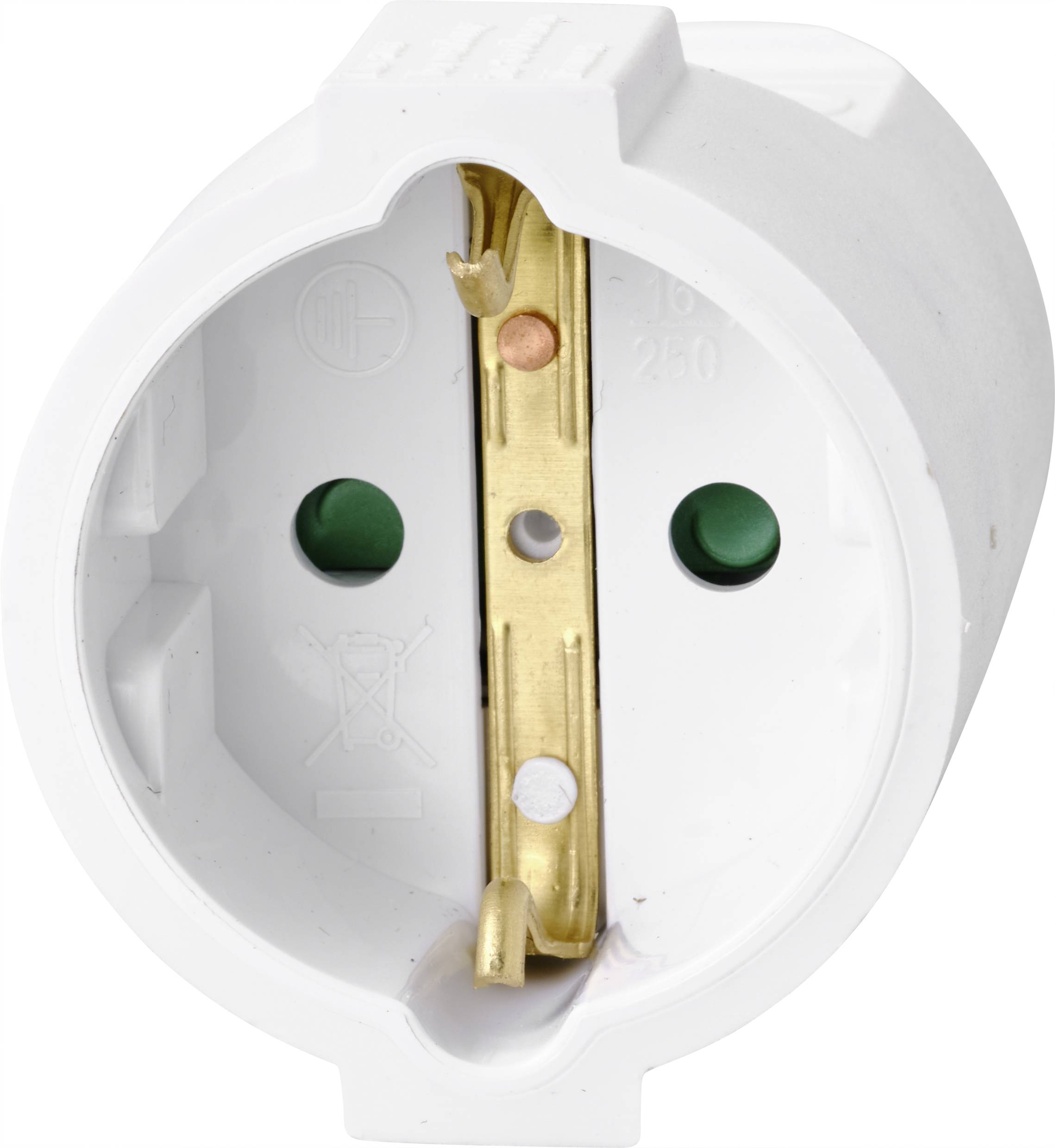 Illustration of a white socket adapter with a central brass guide and two green openings for earthing.