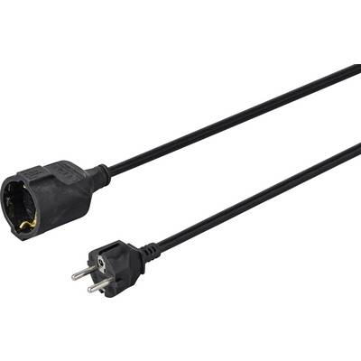 A black power extension cord with a male plug on one end and a female socket on the other end, used for extending electrical connections.