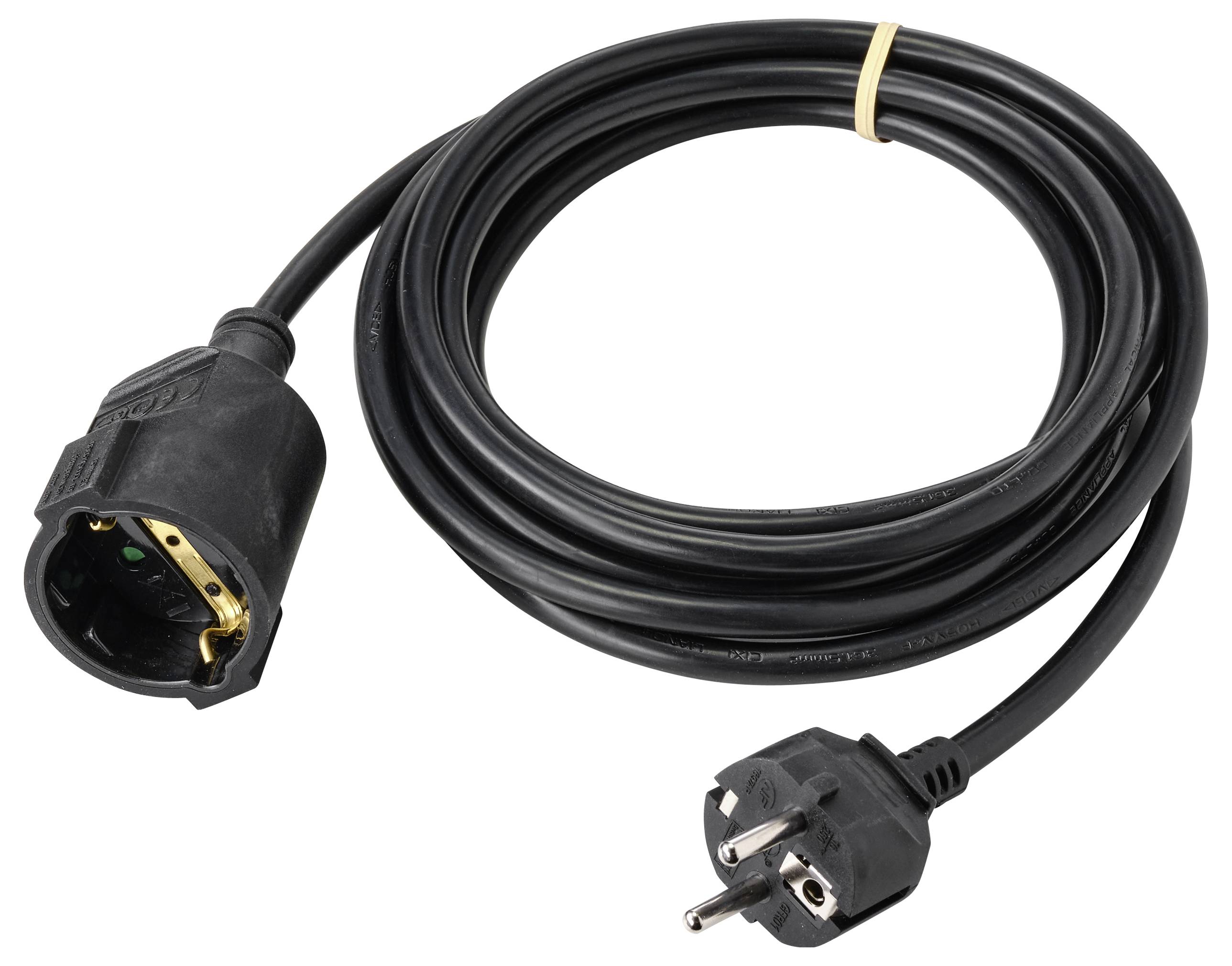 A black electrical extension cord with a European plug and a circular socket.